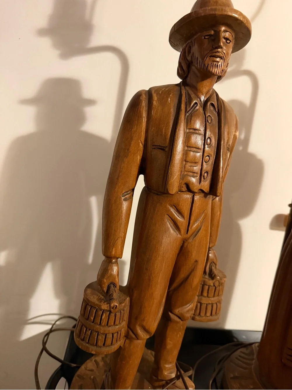 Vintage Americana Pioneer Man & Woman Wood Carved Lamps ( 20” Tall No Shades)